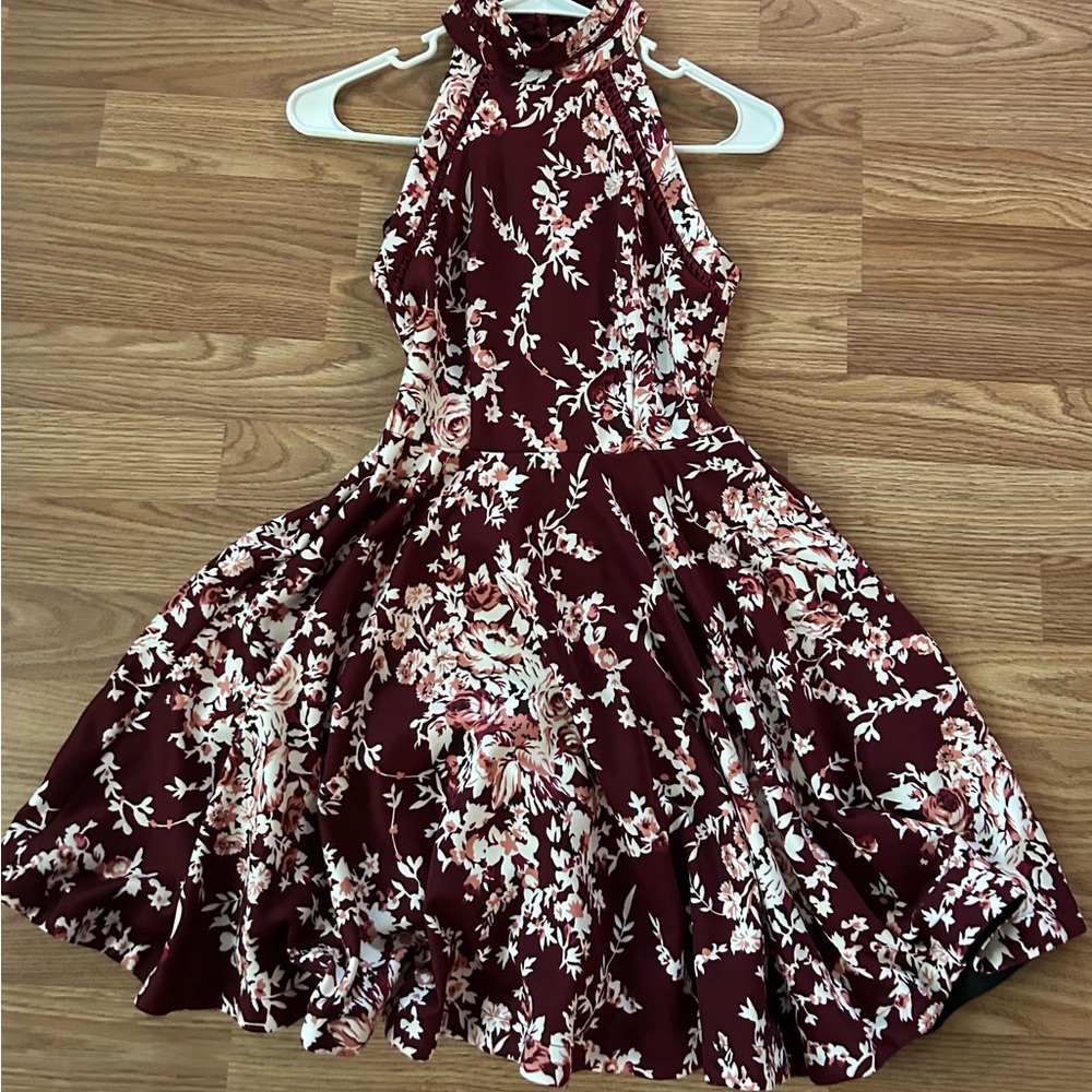 B Darlin Maroon and White Pleated Halter Cocktail Dress